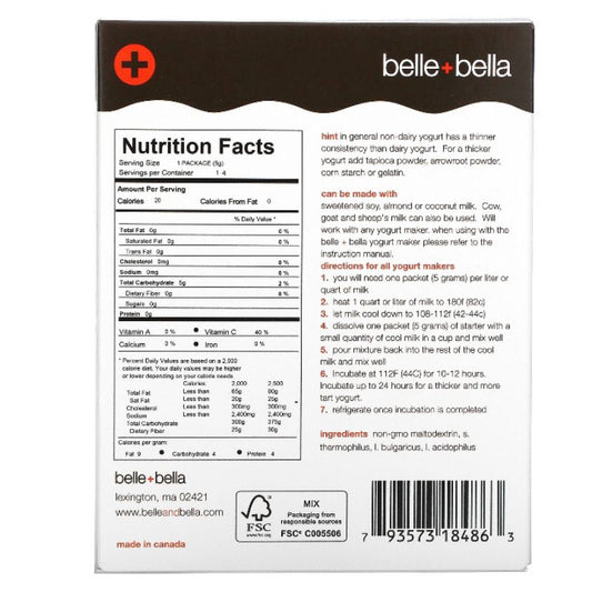 Low Cost PH | Belle+Bella Non-Dairy Yogurt Starter, 4 Packets, (5 g) Each 2 Billion Live Cultures