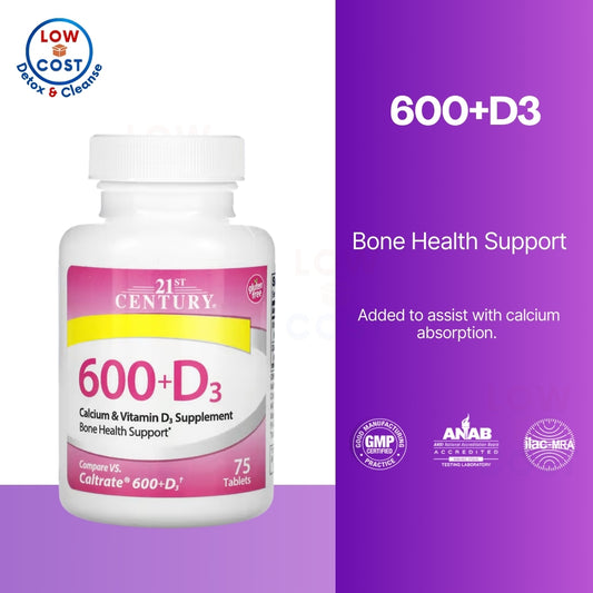 LowCostPH | 21st Century 600+D3, Calcium & Vitamin D3 Supplement, 75 Tablets Bone Supplement.