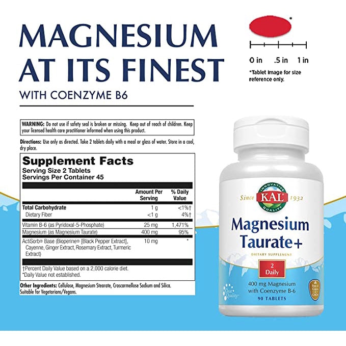 USA Onhand | KAL, Magnesium Taurate +, 400 mg, 400 mg Magnesium with Coenzyme B-6
