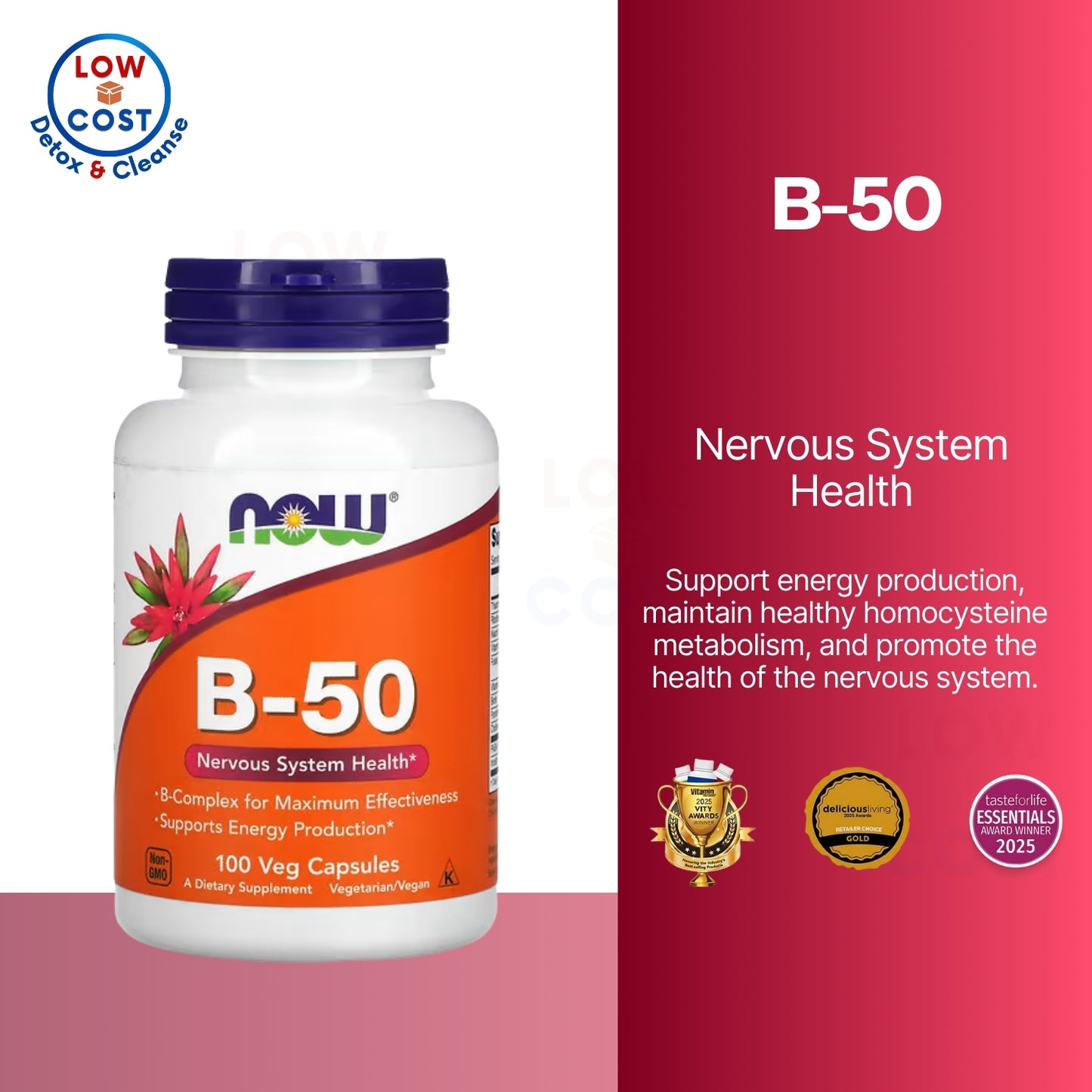 LowCostPh | NOW Foods, B-50, Veg Capsules, Nervous System Health, Non-GMO 2026 Expiry
