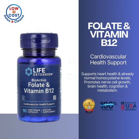 LowCostH| Life Extension BioActive Folate & Vitamin B12, promotes heart, brain & GI tract health.