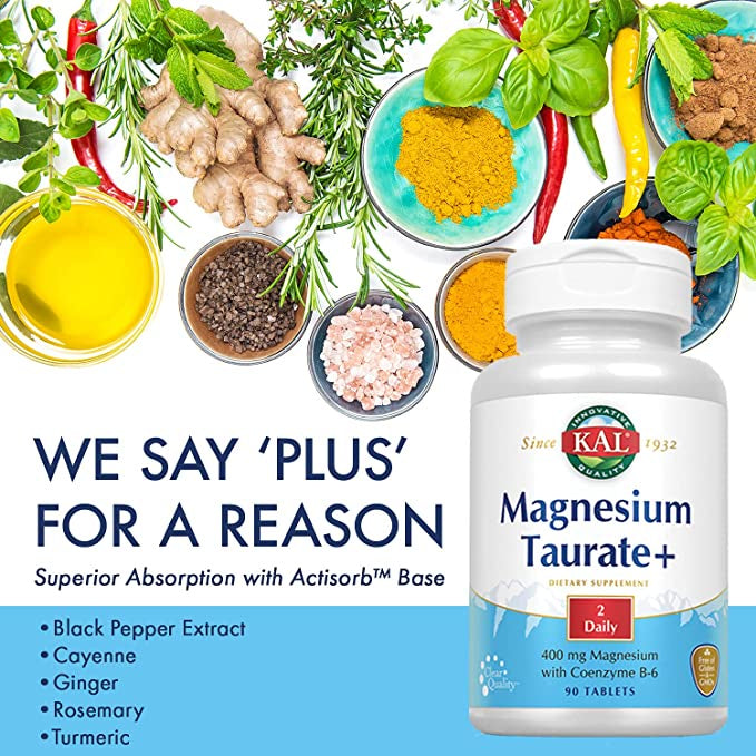 USA Onhand | KAL, Magnesium Taurate +, 400 mg, 400 mg Magnesium with Coenzyme B-6
