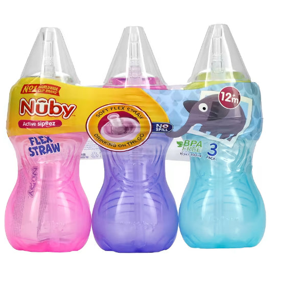 LowCostPH | Nuby, Clik-it FlexStraw Cup, 12+ Months, Boy, 3 Pack, 10 oz (300 ml) Each