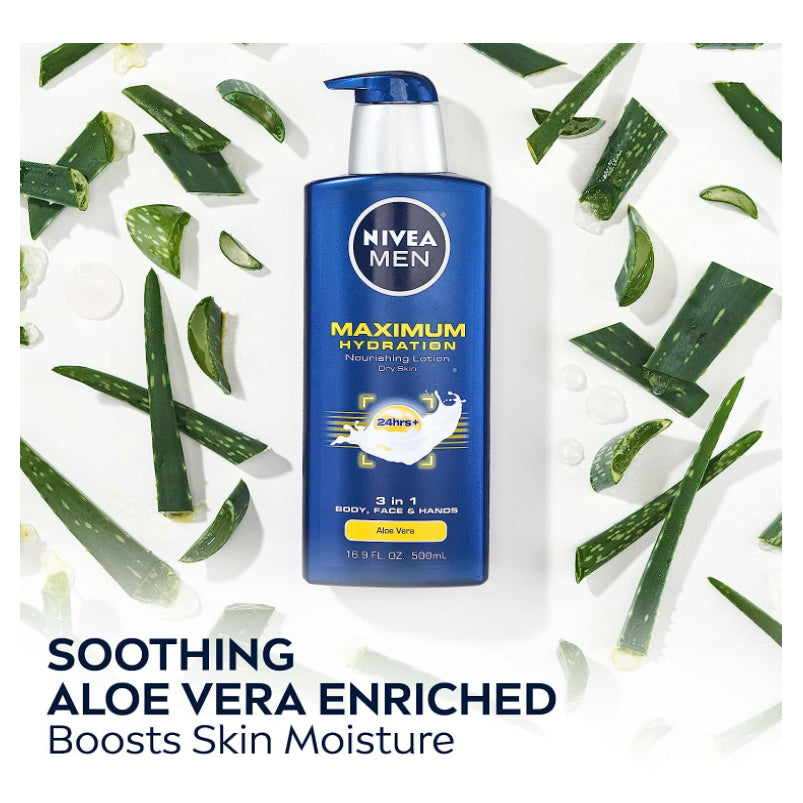 USAOnhand| Nivea, Men, Maximum Hydration, 3-in-1 Nourishing Lotion, Aloe Vera, 16.9 fl oz (500 ml)