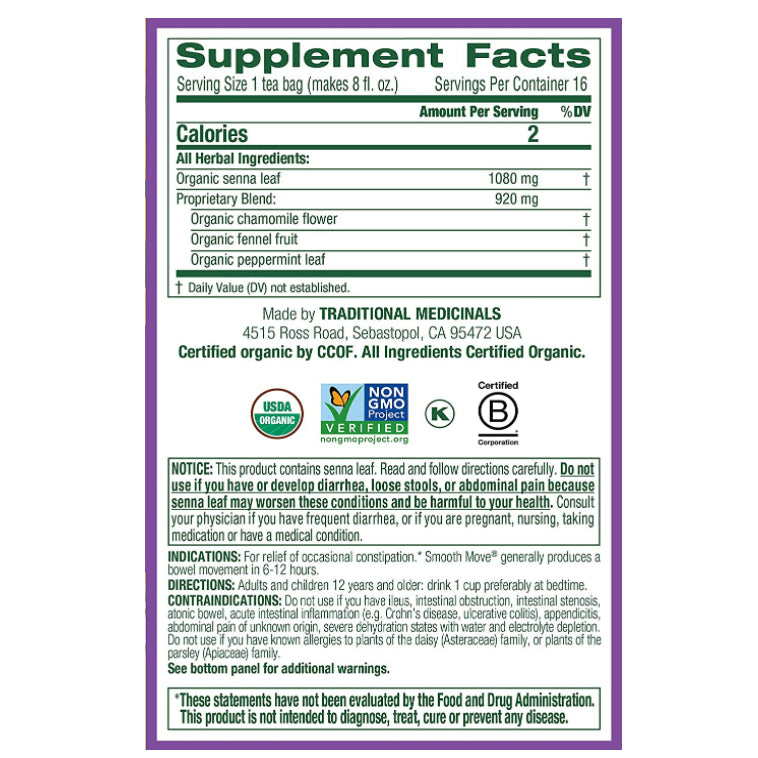 USAOnhand| Traditional Medicinals, Organic Smooth Move, Senna Chamomile, Caffeine Free, 16 Wrapped T