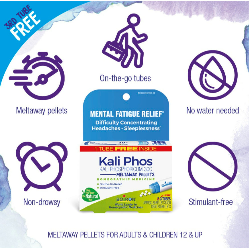 LowCostPH| Boiron, Kali Phosphoricum, Mental Fatigue Relief, Meltaway Pellets, 30C, 3 Tubes, Approx.