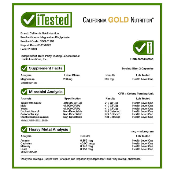 LowCostPh | California Gold Nutrition, Magnesium Bisglycinate, Albion TRAACS®, 100 mg, 60 Veggie Cap