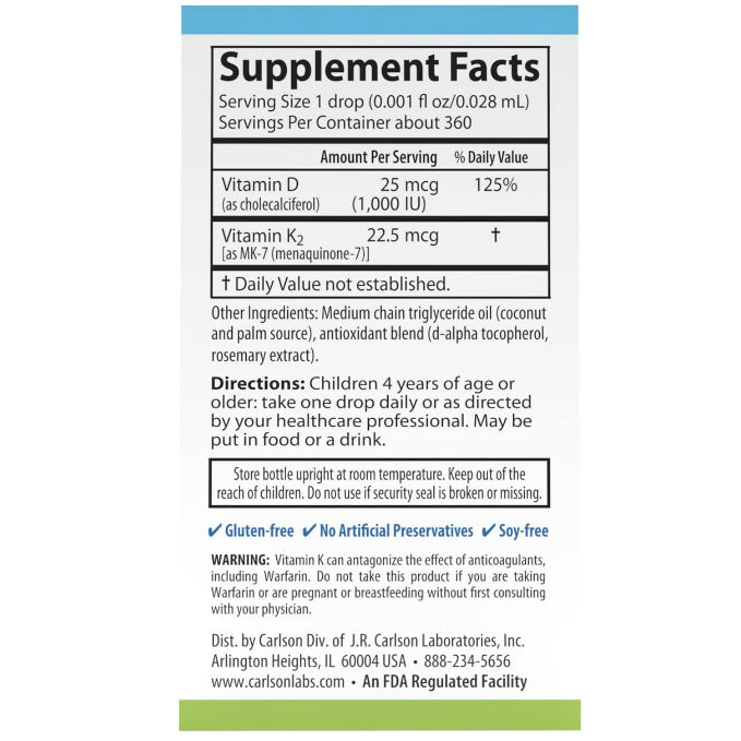 LowCostPh | Carlson, Kid's, Super Daily D3+K2, 25 mcg (1,000 IU) & 22.5 mcg, 0.34 fl oz (10.16 ml)