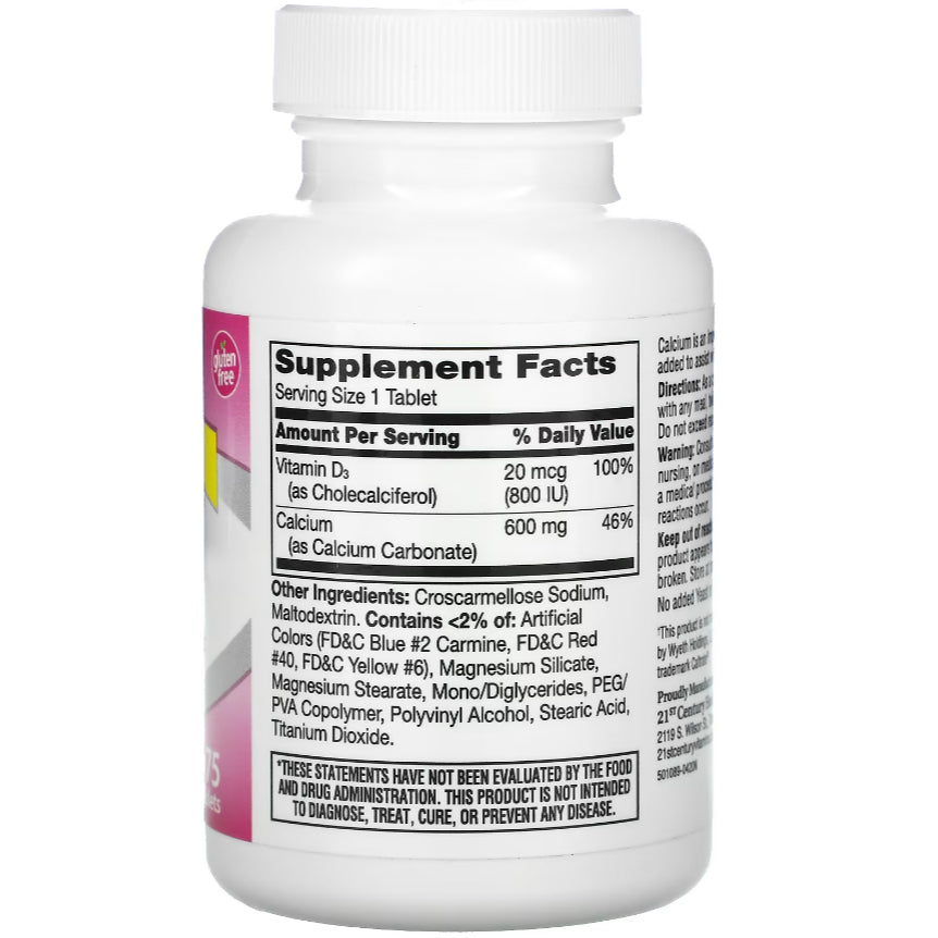 LowCostPH | 21st Century 600+D3, Calcium & Vitamin D3 Supplement, 75 Tablets Bone Supplement.