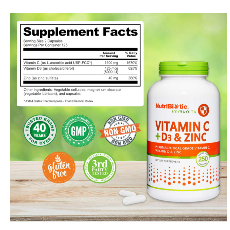 LowCostPh | NutriBiotic, Immunity, Vitamin C + D3 & Zinc, 250 Capsules| SodiumAscorbate