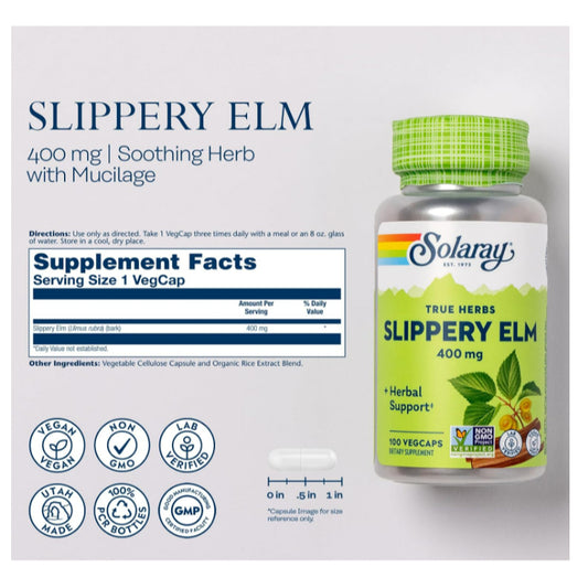 LowCostPh | SOLARAY Slippery Elm Bark Capsules (Ulmus Rubra) 400 mg - Soothing Herbal Support