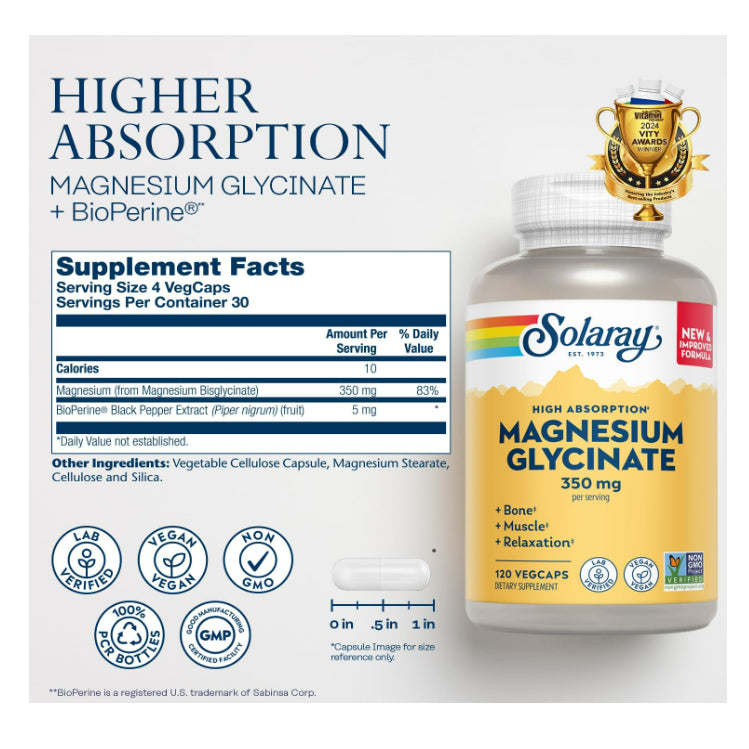 LowCostPh | Solaray, High Absorption Magnesium Glycinate, 350mg, 120VegCap, Bone, Muscle, Relaxation