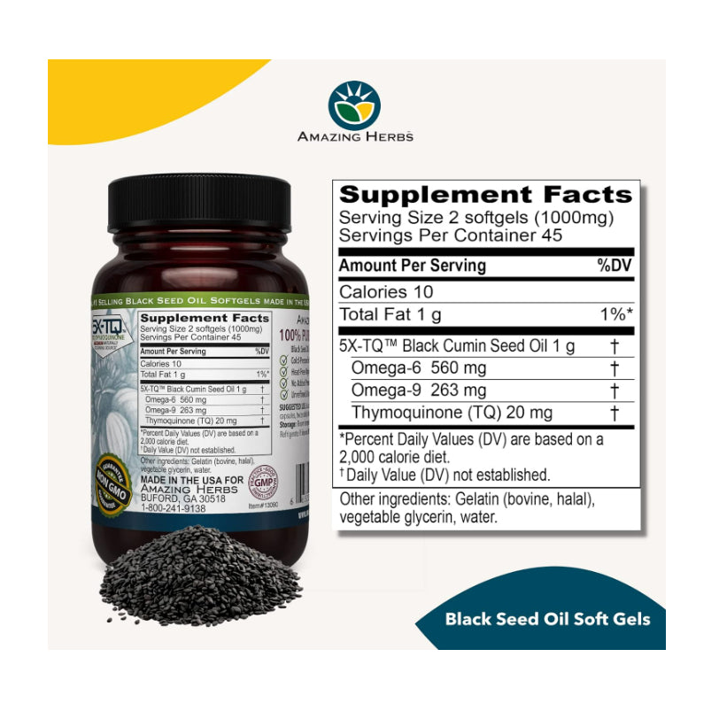 USAOnhand| Amazing Herbs, Black Seed, 100% Pure Cold-Pressed Black Cumin Seed Oil, 4 fl oz (120 ml)