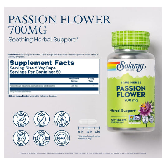 LowCostPH | Solaray, True Herbs, Passion Flower, 700 mg, 100 VegCaps (350 mg per Capsule)
