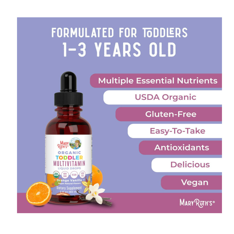 USAOnhand| MaryRuth Organics, Organic Toddler, Multivitamin Liquid Drops, Elderberry, Iron 1-3 Years