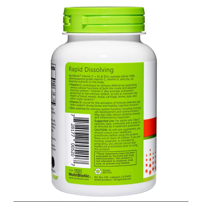 USAOnhand| NutriBiotic, Immunity, Vitamin C + D3 & Zinc, 100 & 250 capsules