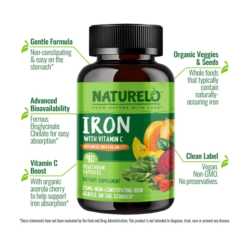 LowCostPh | NATURELO Vegan Iron Supplement with Vitamin C and Organic Whole Foods - 90 veg capsules