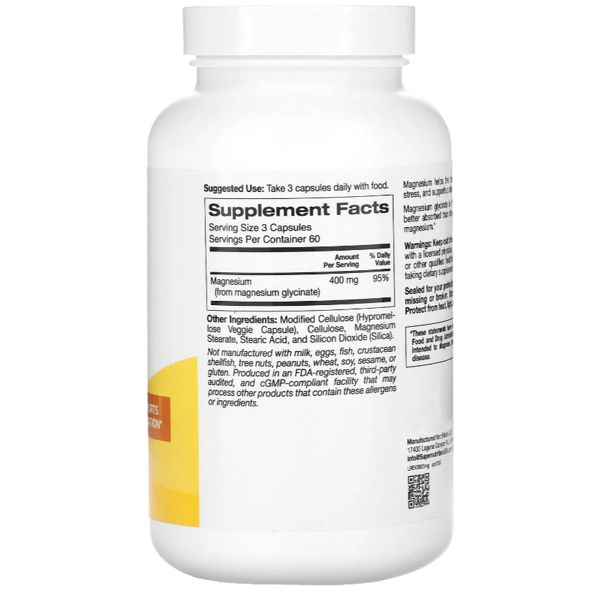 LowCostPH| Super Nutrition, Magnesium Glycinate, 400 mg, 180 Veggie Capsules (133 mg Per Capsule)