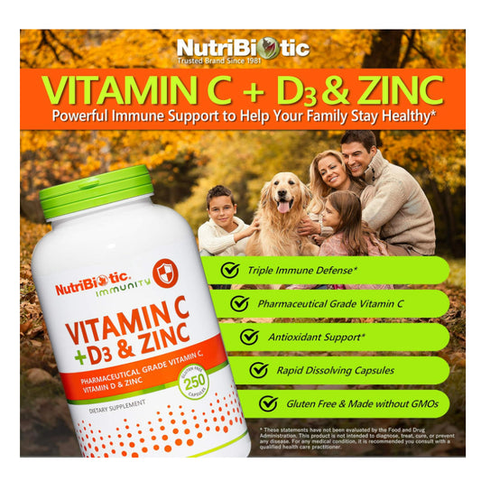 LowCostPh | NutriBiotic, Immunity, Vitamin C + D3 & Zinc, 250 Capsules| SodiumAscorbate