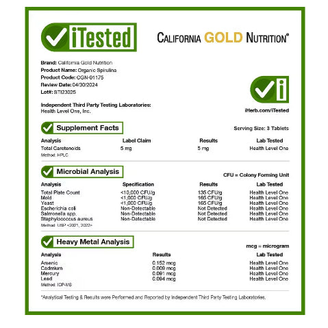 LowCostPH| California Gold Nutrition, Organic Spirulina, 1,500 mg, 60 Tablets (500 mg per Tablet)