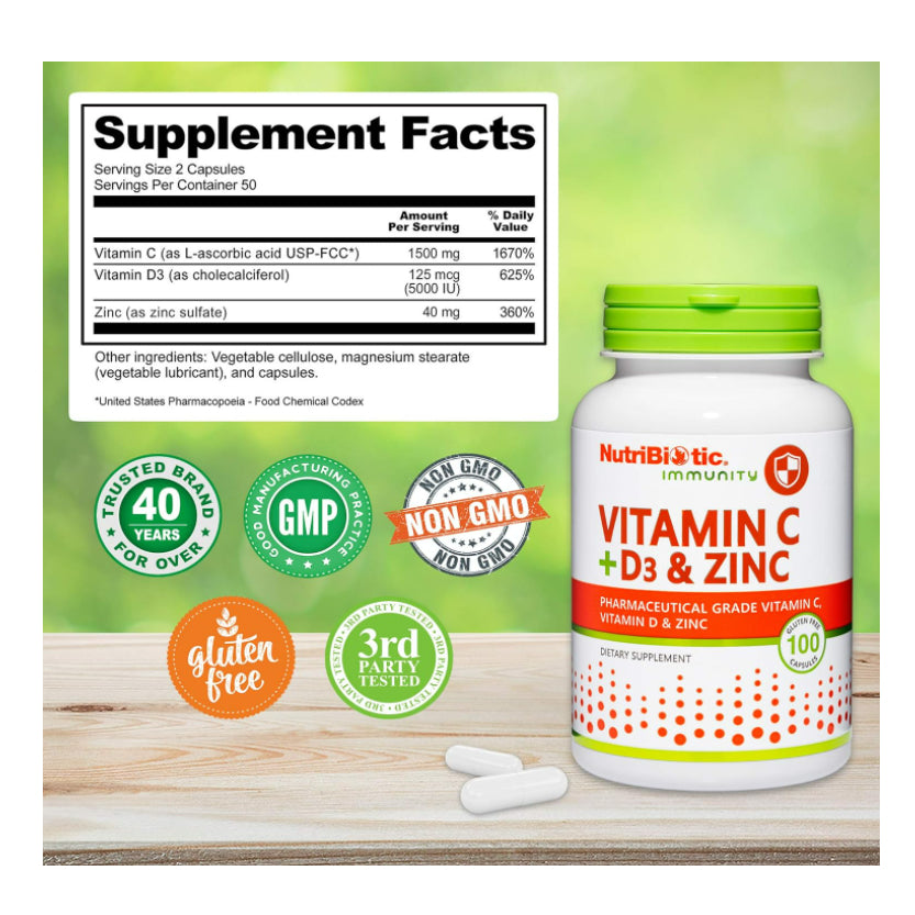 USAOnhand| NutriBiotic, Immunity, Vitamin C + D3 & Zinc, 100 & 250 capsules