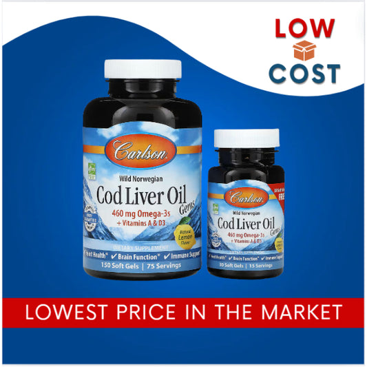 LowCostPh | Carlson, Wild Norwegian, Cod Liver Oil Gems, 1,000 mg, Softgels, Liquid Lemon500ml