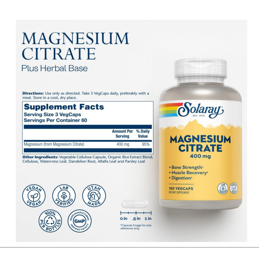 USAOnhand| Solaray, Magnesium Citrate, 133 mg, 180 VegCaps | Magnesium Glycinate