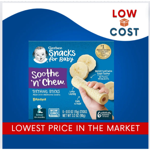 LowCost Gerber Snacks for Baby, Soothe 'N' Chew, Teething Sticks, 6+ Months, Banana, 6 Wrapped Stick