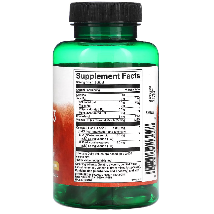 LowCostPH| Swanson, Omega-3 Fish Oil with Vitamin D, Lemon, 1,000 mg, 60 Softgels