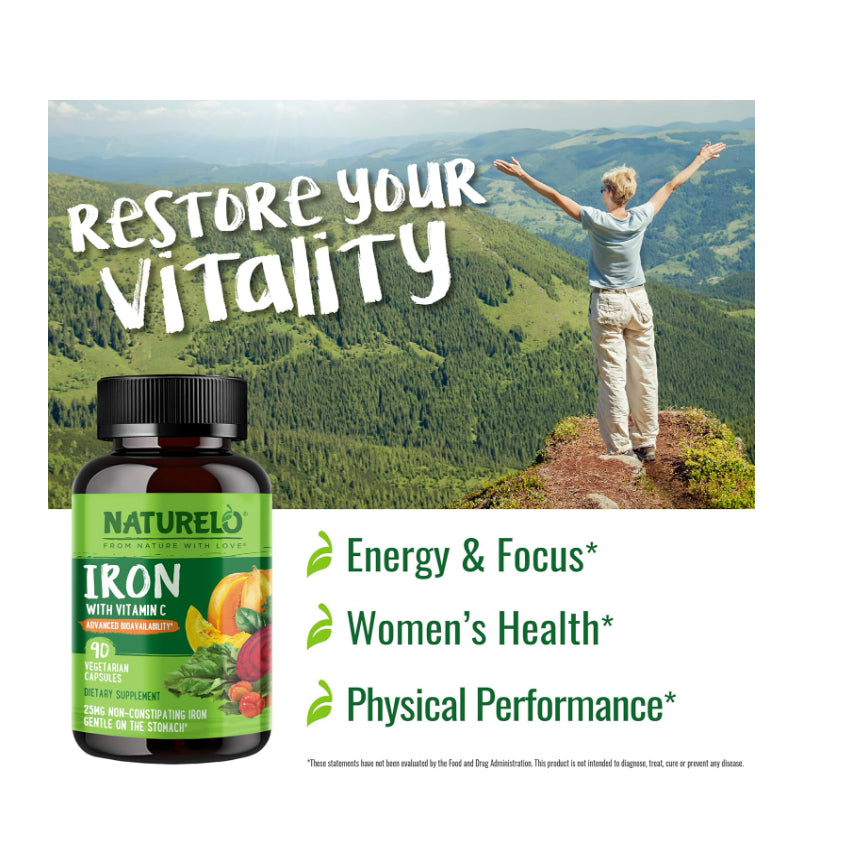 LowCostPh | NATURELO Vegan Iron Supplement with Vitamin C and Organic Whole Foods - 90 veg capsules