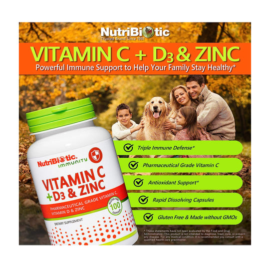 USAOnhand| NutriBiotic, Immunity, Vitamin C + D3 & Zinc, 100 & 250 capsules