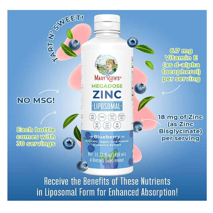 LowCOstPH| MaryRuth's, Megadose Zinc Liposomal, Blueberry, 15.22 fl oz (450 ml)