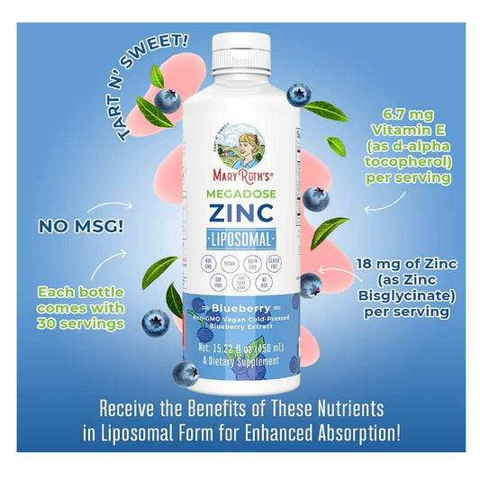 LowCOstPH| MaryRuth's, Megadose Zinc Liposomal, Blueberry, 15.22 fl oz (450 ml)