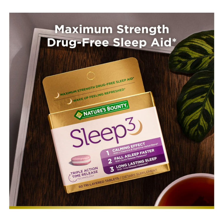 Lowcostph | Nature's Bounty, Sleep 3, Maximum Strength, Drug-Free Sleep Aid, 30 Tri-Layered Tablets