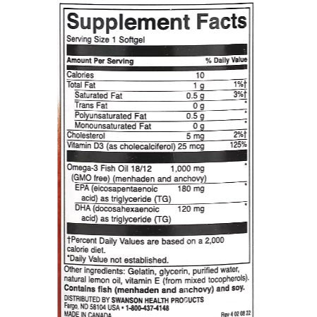 LowCostPH| Swanson, Omega-3 Fish Oil with Vitamin D, Lemon, 1,000 mg, 60 Softgels