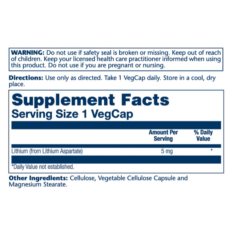 LowCostPH | Solaray, Lithium Aspartate, 5 mg, 100 Vegcaps Mood Support Lab Verified Supplements
