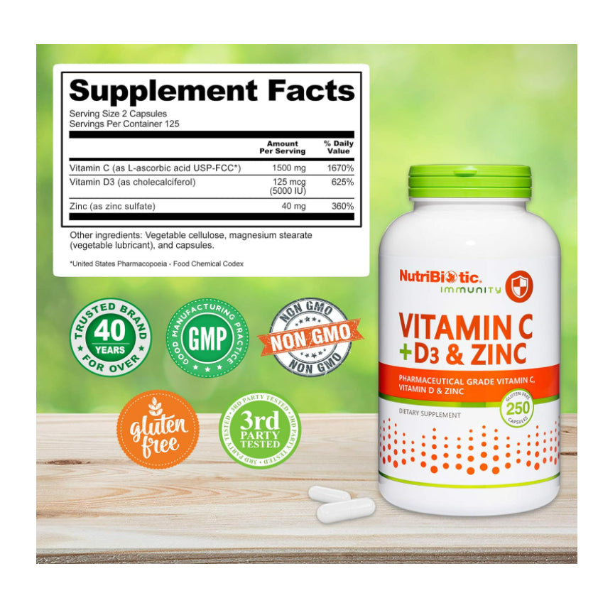 USAOnhand| NutriBiotic, Immunity, Vitamin C + D3 & Zinc, 100 & 250 capsules