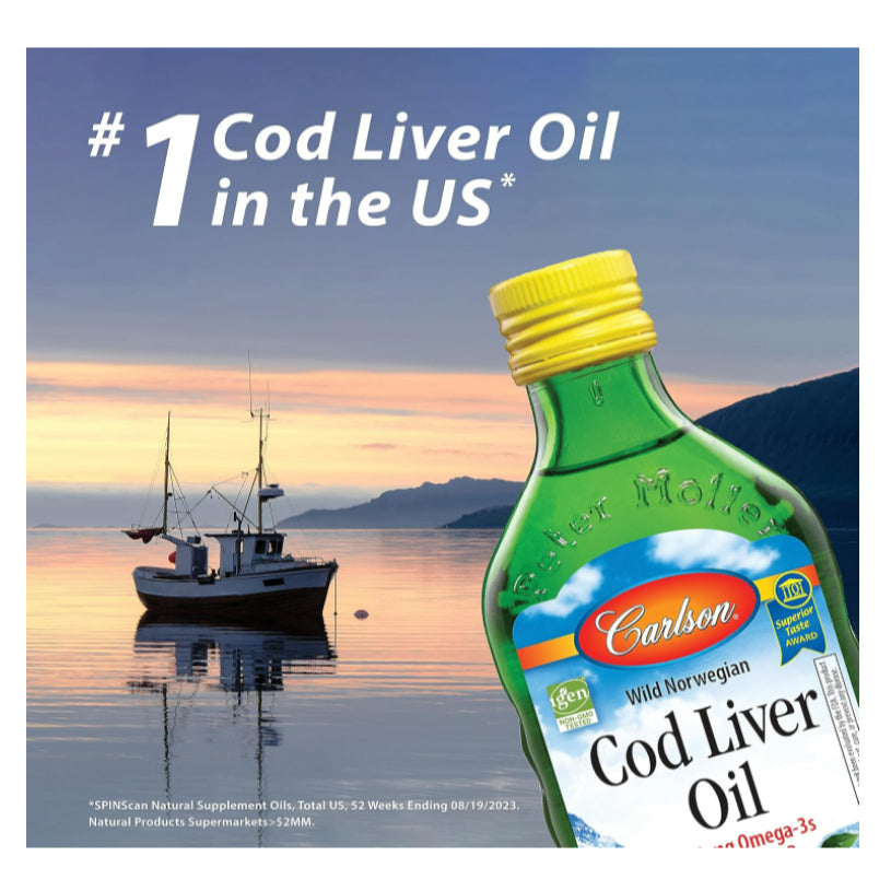 LowCostPh | Carlson, Wild Norwegian, Cod Liver Oil Gems, 1,000 mg, Softgels, Liquid Lemon500ml