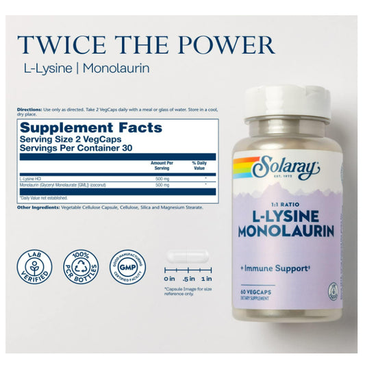LowCostPh | Solaray, L-Lysine Monolaurin 1:1 Ratio, 60 VegCaps Immune Support Lab Verified