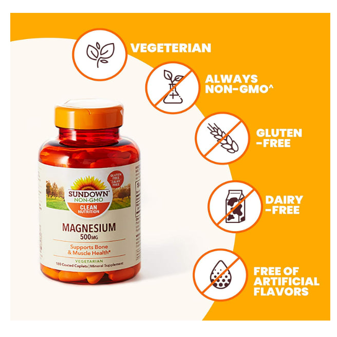 LowCost PH| Sundown Naturals, Magnesium, 500 mg, 180 Coated Caplets