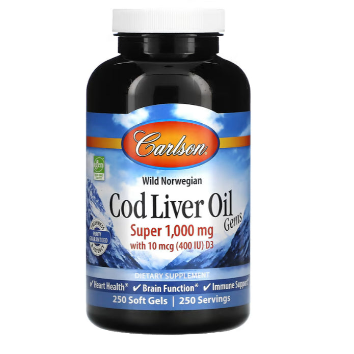 LowCostPh | Carlson, Wild Norwegian, Cod Liver Oil Gems, 1,000 mg, Softgels, Liquid Lemon500ml