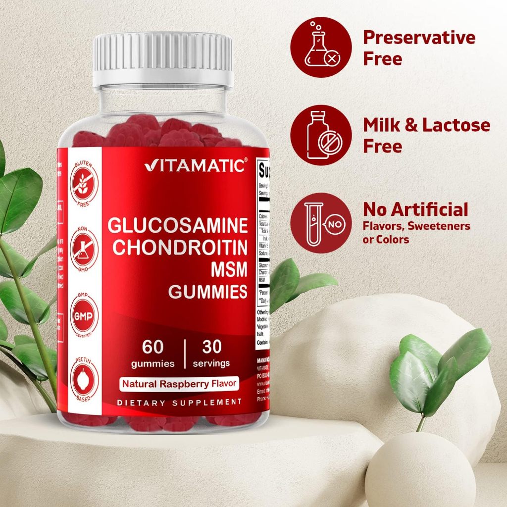 LowCostPh | Vitamatic, Glucosamine Chondroitin MSM Gummies, Natural Raspberry, 60 Gummies