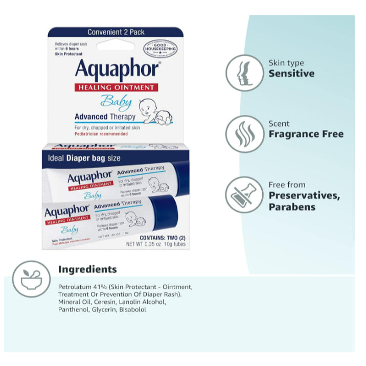 LowCost PH| Aquaphor, Baby Healing Ointment, Fragrance Free , 2 Tubes, 0.35 oz (10 g) Each