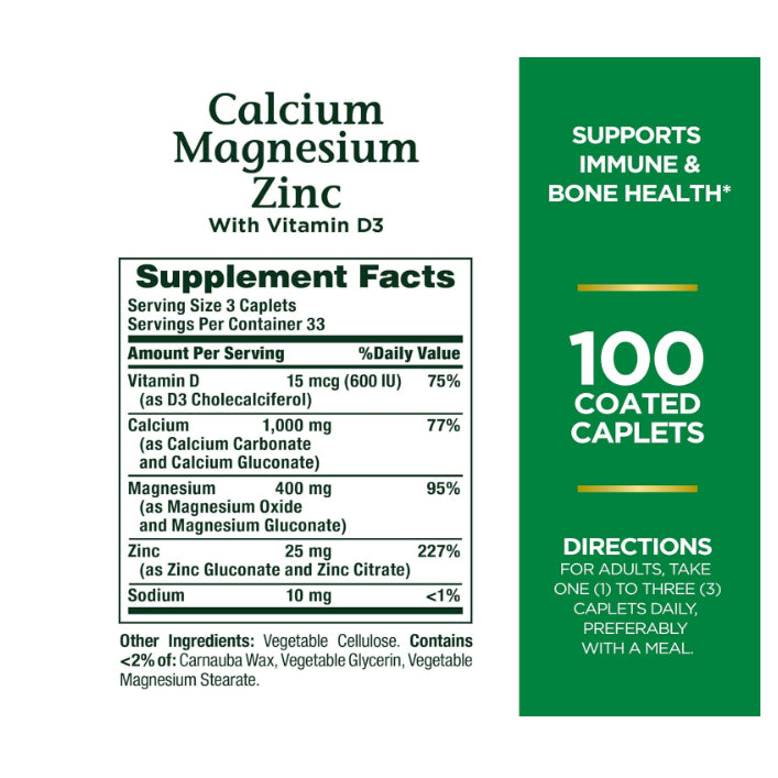 LowCost PH| Nature's Bounty, Calcium Magnesium Zinc with Vitamin D3, 100 Coated Caplets