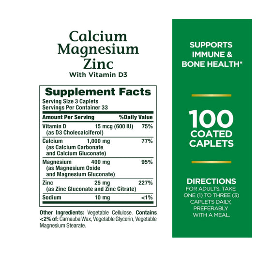 LowCostPH | Nature's Bounty, Calcium Magnesium Zinc with Vitamin D3, 100 Coated Caplets