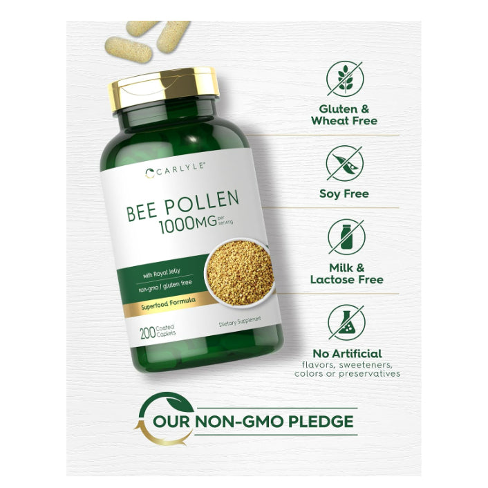 LowCost PH| Carlyle Bee Pollen Supplement | 1000mg | 200 Caplets with Royal Jelly and Bee Propolis