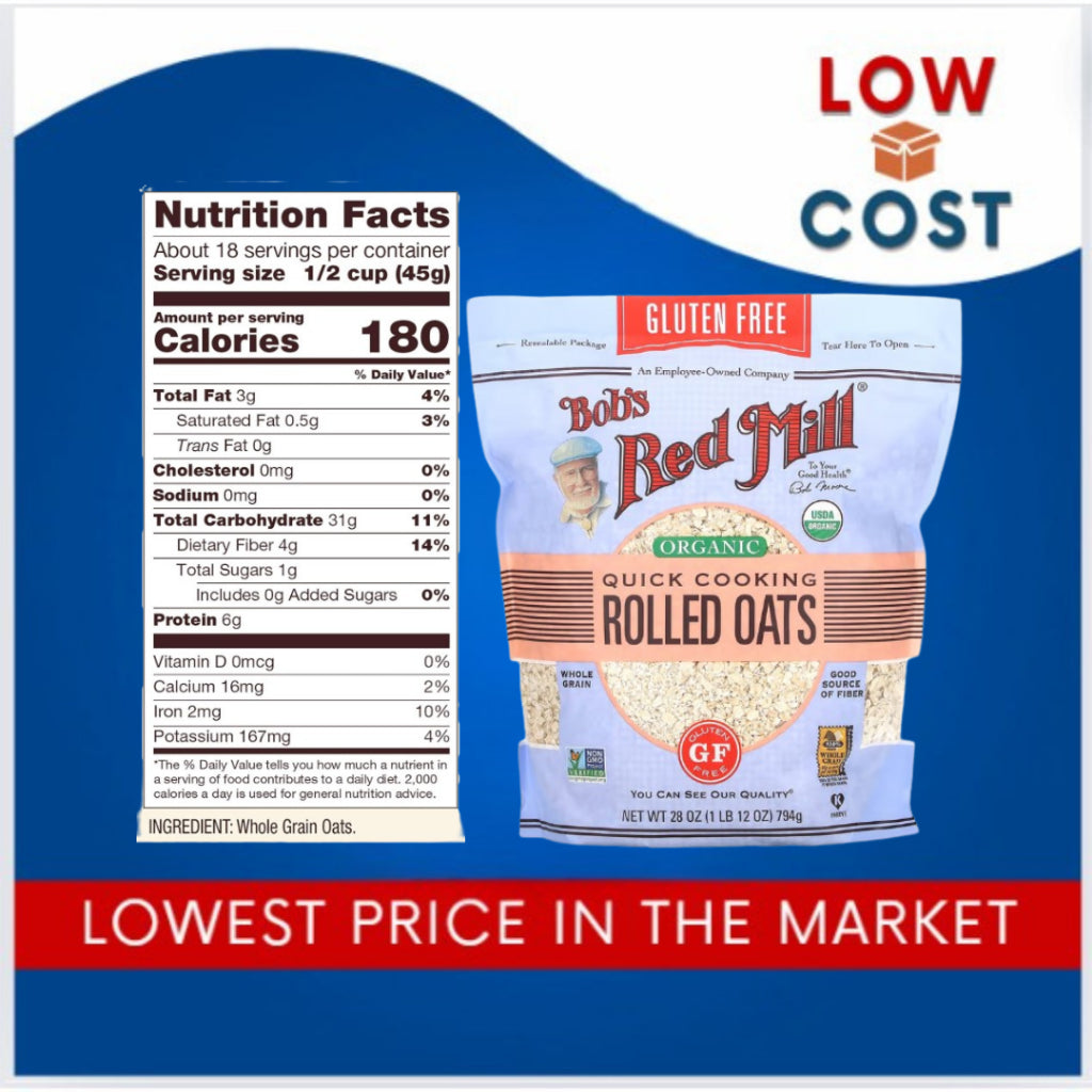LowCostPh | Bob's Red Mill Organic Gluten-Free Quick Cooking Rolled Oats 794g, Good Source of Fiber