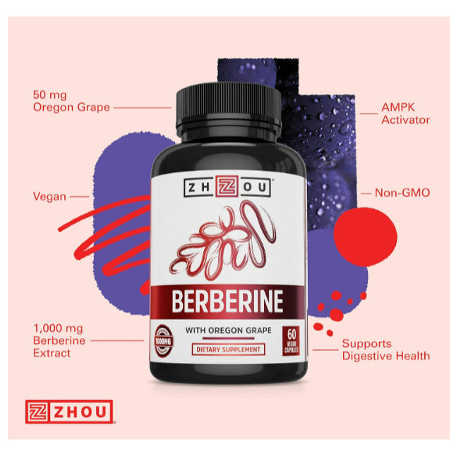 LowCost PH| Zhou Nutrition, Berberine with Oregon Grape, 1,000 mg, 60 Veggie Capsules (500 mg per Ca