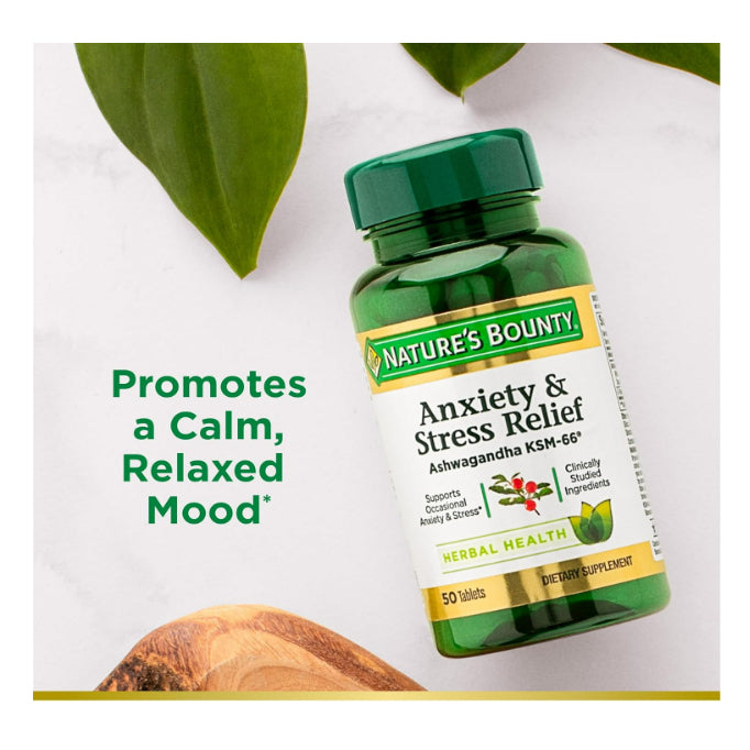 USA Onhand| Nature's Bounty, Anxiety & Stress Relief, Ashwagandha KSM-66, 50 Tablets