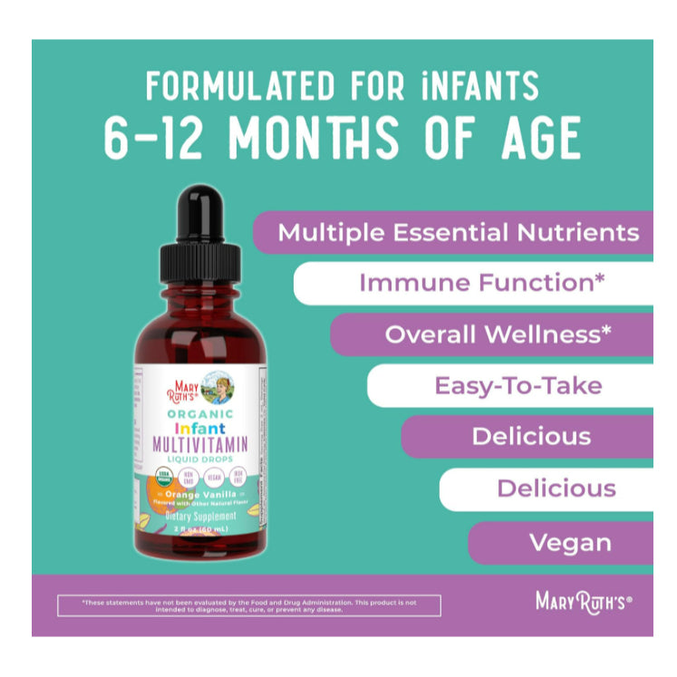 USAOnhand| MaryRuth's, Organic Infant Multivitamin Liquid Drops, Iron Free, 6-12 Months, Orange Vani